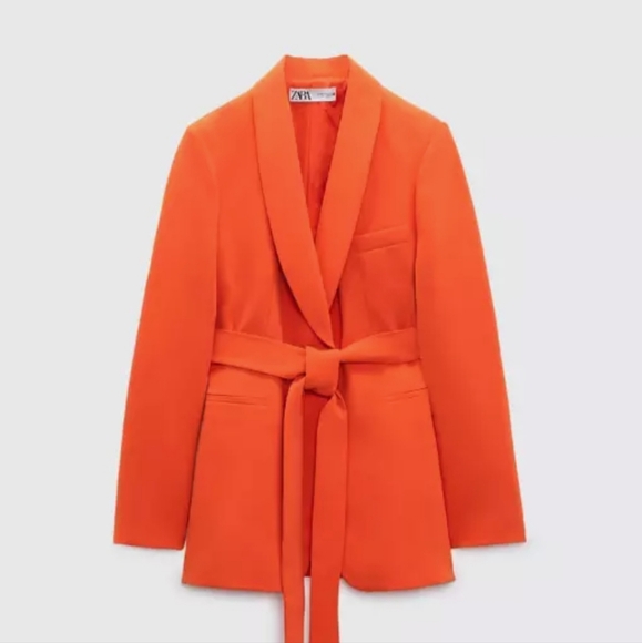 ZARA WOMEN NEW BELTED TUXEDO COLLAR BLAZER JACKET ORANGE - Picture 3 of 6